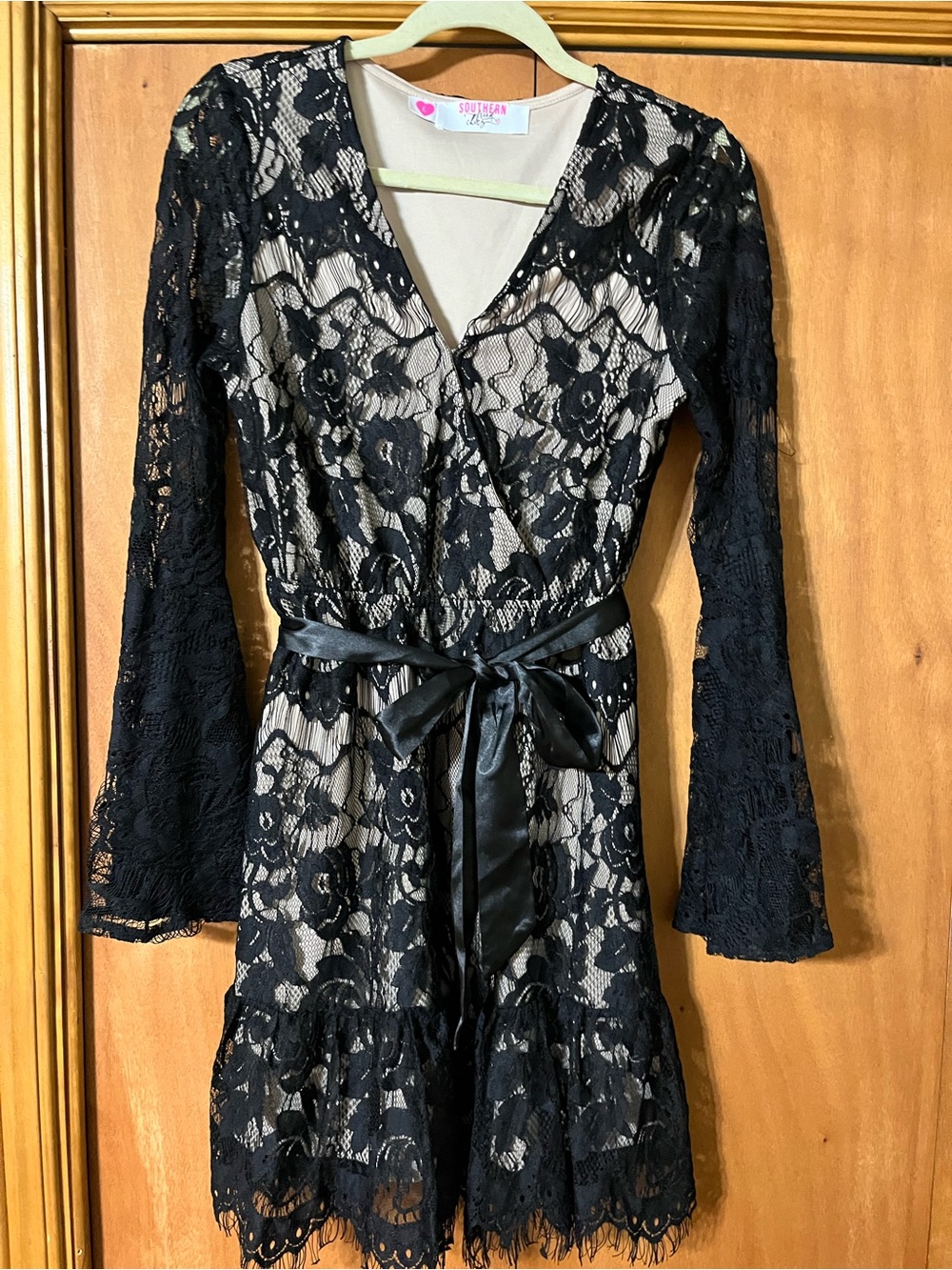 Southern Fried Chics Lace Wrap Dress with Cream Lining and Satin Tie